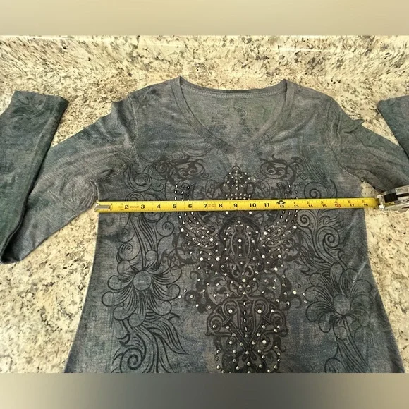 Green Source Y2K Studded Embelished V Neck Paisley Tunic Top Rock Grunge Size L - Picture 8 of 9